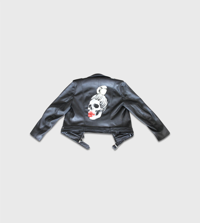 Black Leather Moto Jacket / Custom Art